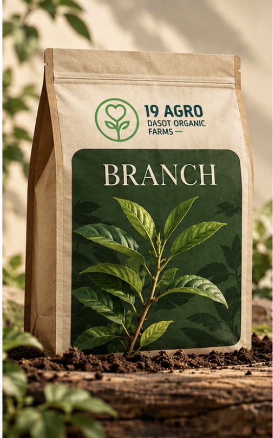 Cream and kraft 19AGRO Branch compost pouch with a full leafy stem