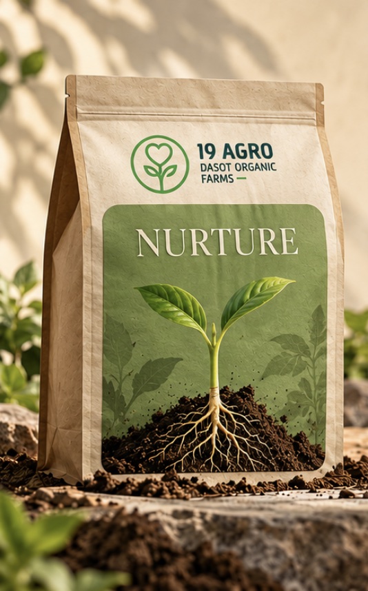 Cream and kraft 19AGRO Nurture compost pouch with a seedling and visible roots
